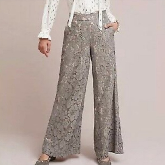 Anthropologie Pants - Anthropologie Feather Bone Gray Lace Wide-Leg Pants